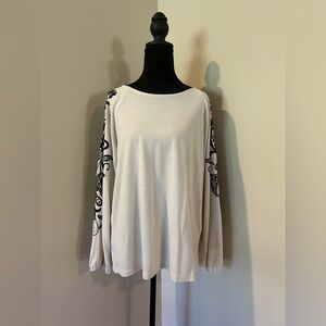 Chico's White Long Sleeve Top with Black Embroidered Pattern